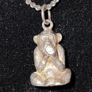 Vintage Small Monkey Pendant with Monet Chain - Silver Tone Metal